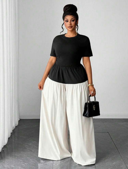 Elegant Smart Casual Everyday Two Pieces Set Fitted Short Sleeve Round Neck T-Shirt And Wide Leg Pants