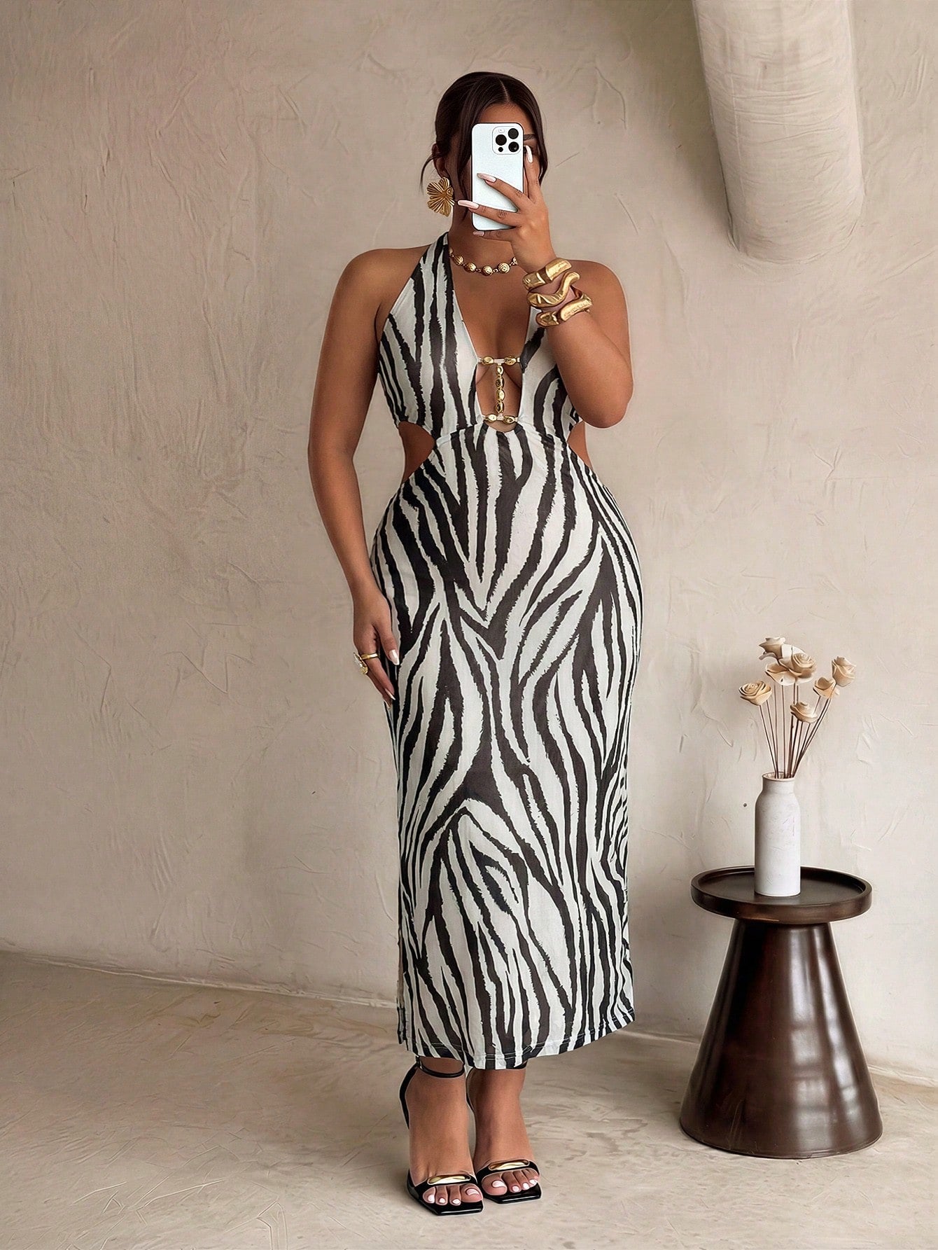 SEXY Zebra Print Cutout Beaded Zebra Print Slim Fit Mermaid Maxi Dress - VERI CLASSY VERI DEMURE