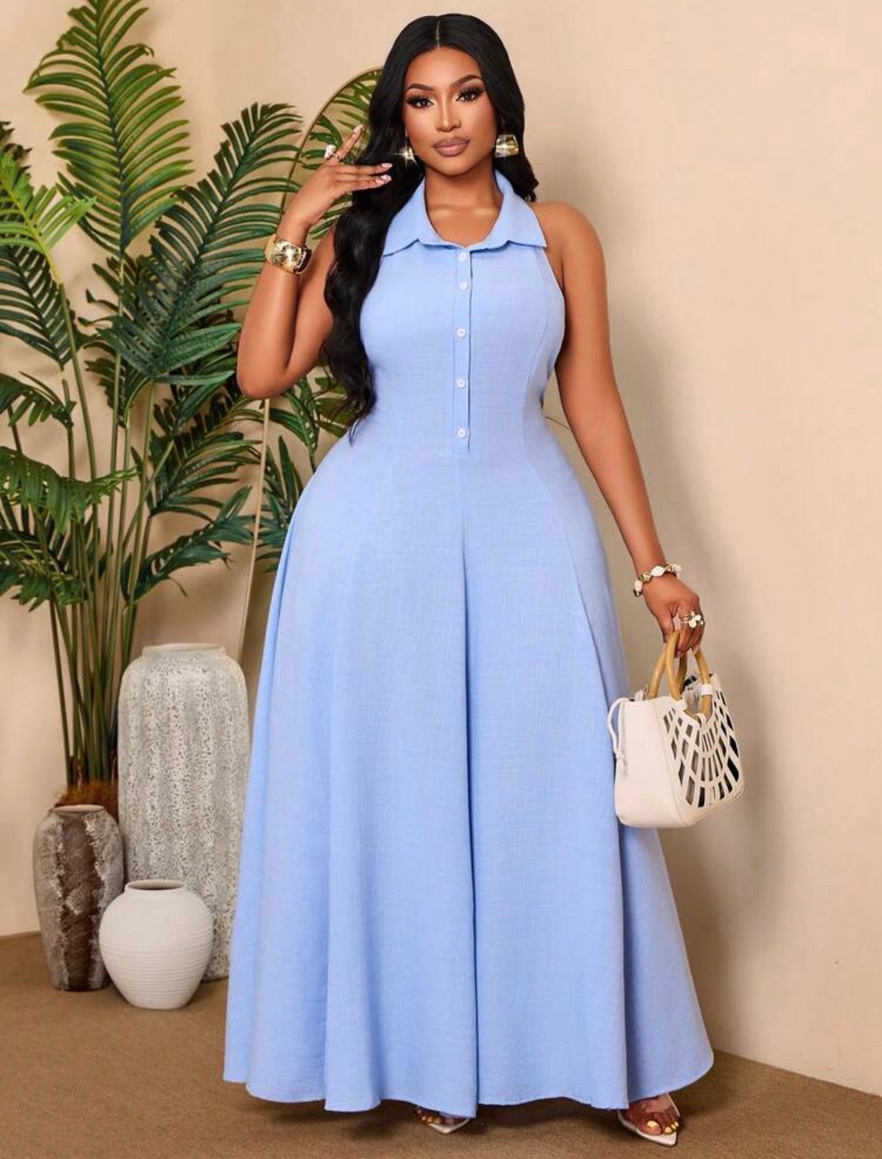 Sleeveless Woven Fabric Maxi Dress With Backless And Button Details