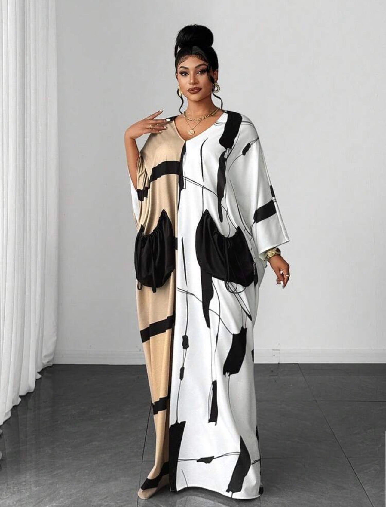 Elegant Sophisticated Fashion Niche Design New Essential Daily Wear Premium Multi-Color Print Loose Drawstring Pocket Dress - CHRISTIAN DELOS