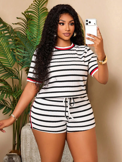 Striped Ribbed2Piece Short Set,Round Neck Regular Sleeve Top&Matching Shorts,Casual High Stretch Co-Ord For Women