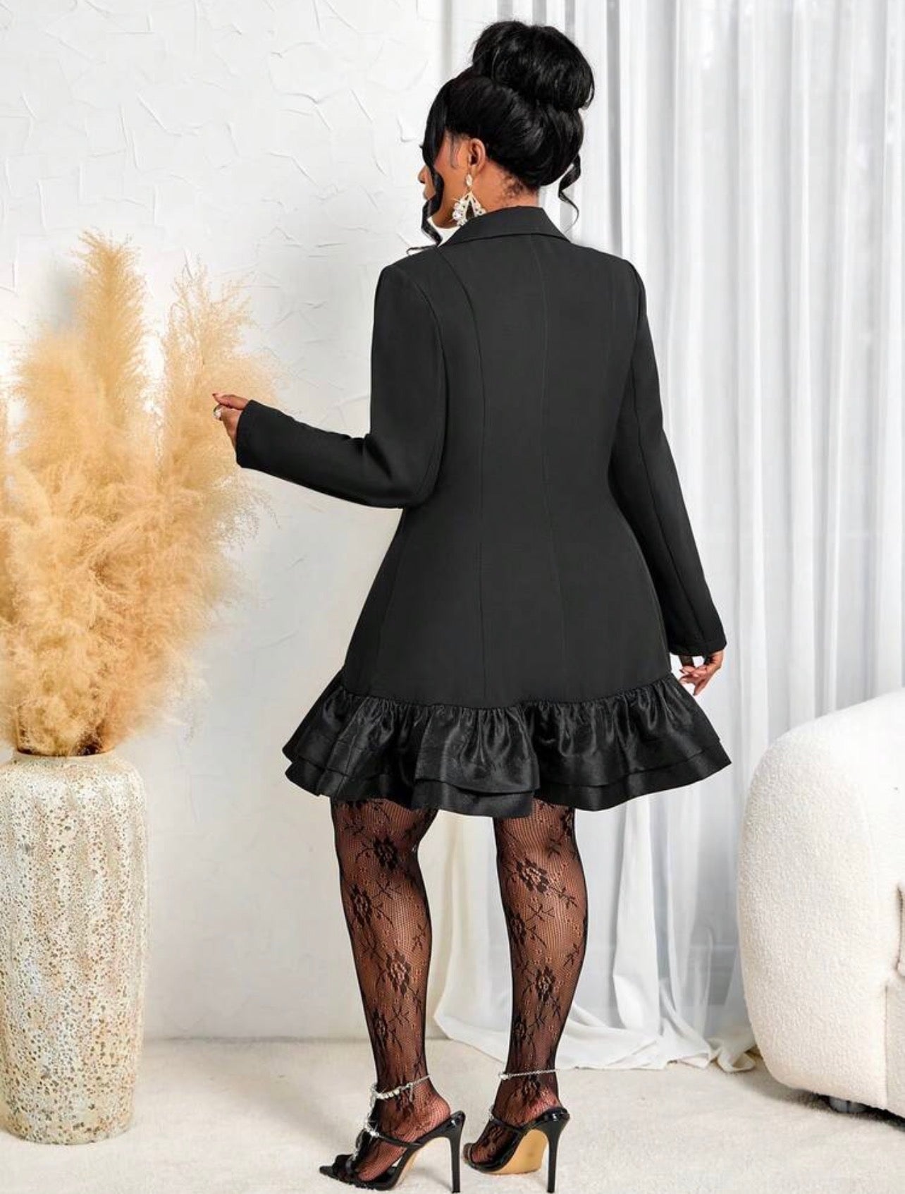 Elegant Party Cocktail Dress, Sexy Blazer Collar Long Sleeve Cinched Waist Layered Mini Dress