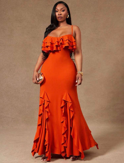 Burnt Orange Elegant Cocktail Wear Multilayered Ruffle Decor Strap Bodycon Dress Boho Chic