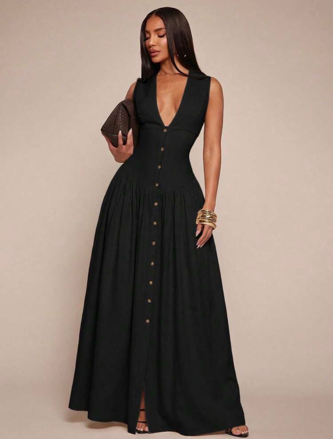 Radiana Women's Sexy Elegant Minimalist Faux Linen V-Neck Tank Dress, Long Dress, Waist-Cinching Dress, Button-Front Dress, Shirt Dress, Full Skirt Dress, Casual Dress, Casual Business lOld Money Style @ CHRISTIAN DELOS