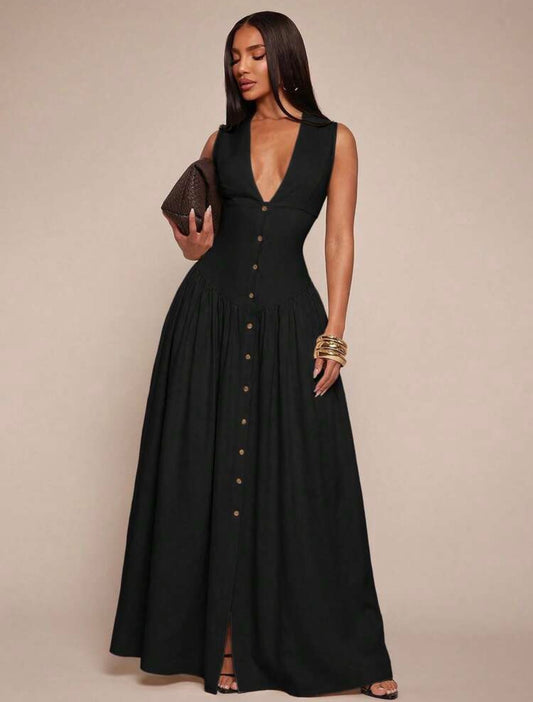 Radiana Women's Sexy Elegant Minimalist Faux Linen V-Neck Tank Dress, Long Dress, Waist-Cinching Dress, Button-Front Dress, Shirt Dress, Full Skirt Dress, Casual Dress, Casual Business lOld Money Style @ CHRISTIAN DELOS