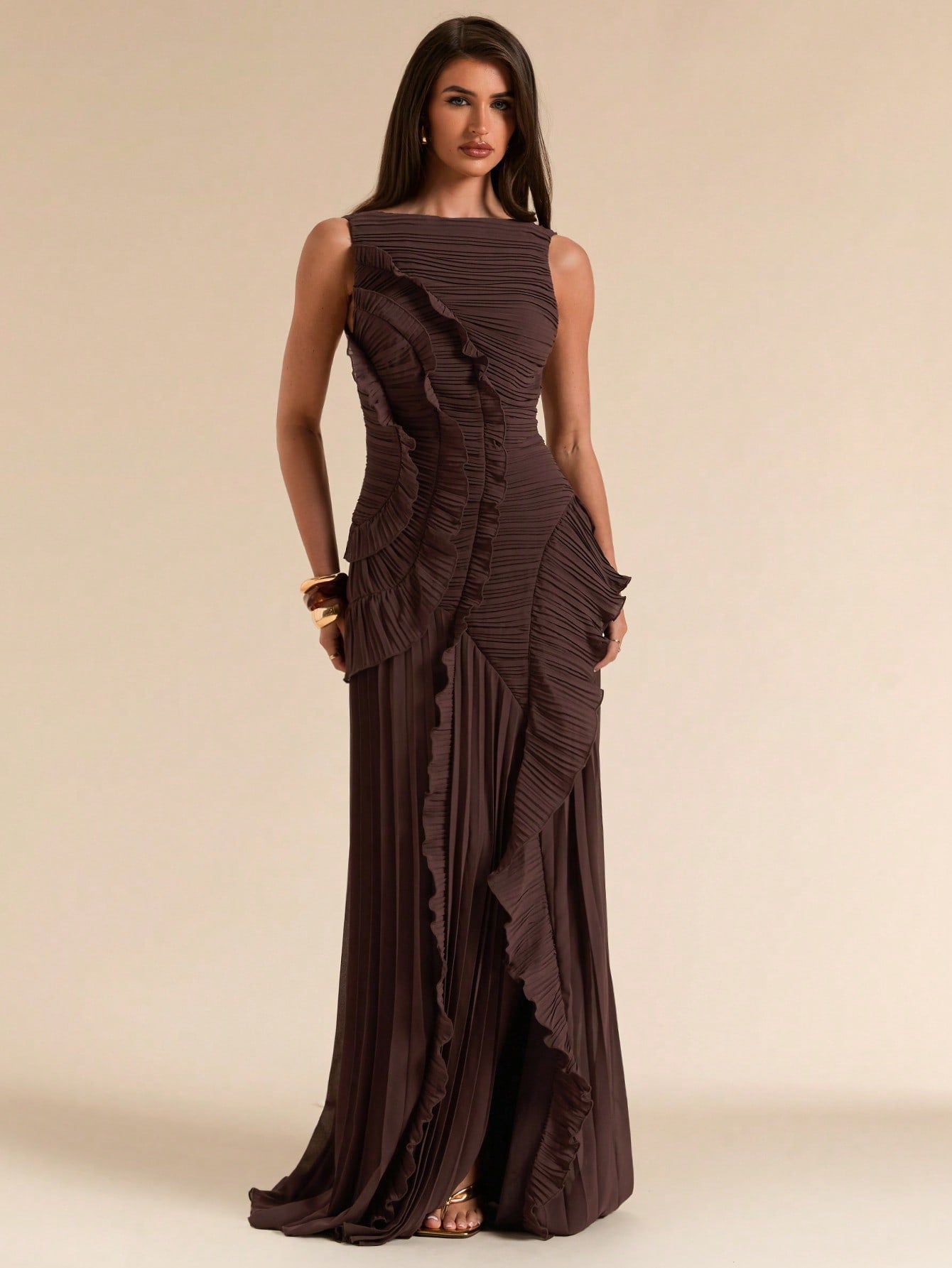 Sleeveless Backless Pleated Split High Slit Dress, Elegant with Tailored Details Design