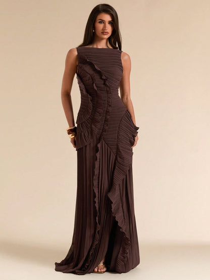 Sleeveless Backless Pleated Split High Slit Dress, Elegant with Tailored Details Design