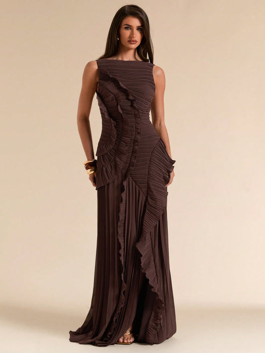 Sleeveless Backless Pleated Split High Slit Dress, Elegant with Tailored Details Design