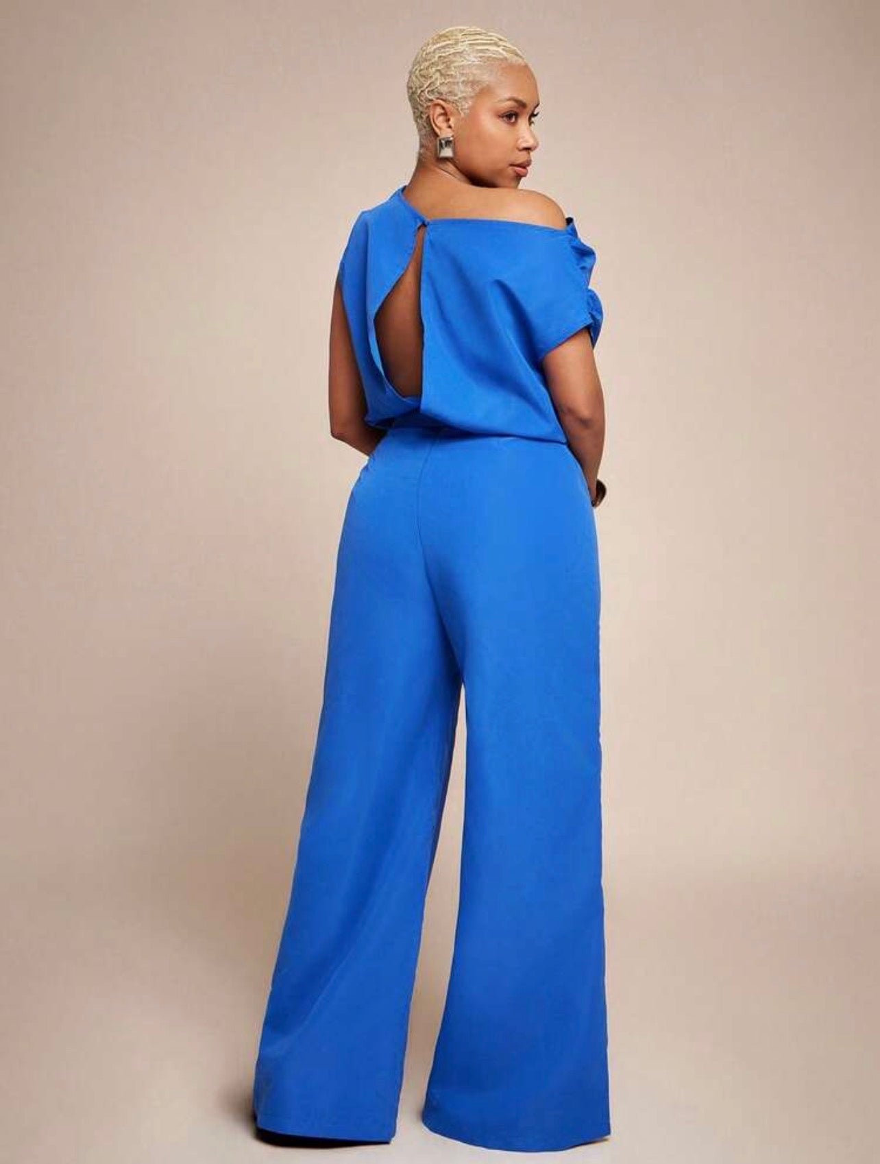 Vixey Woven Asymmetrical Draped Neckline Keyhole Back Self Belt Flare Leg Jumpsuit