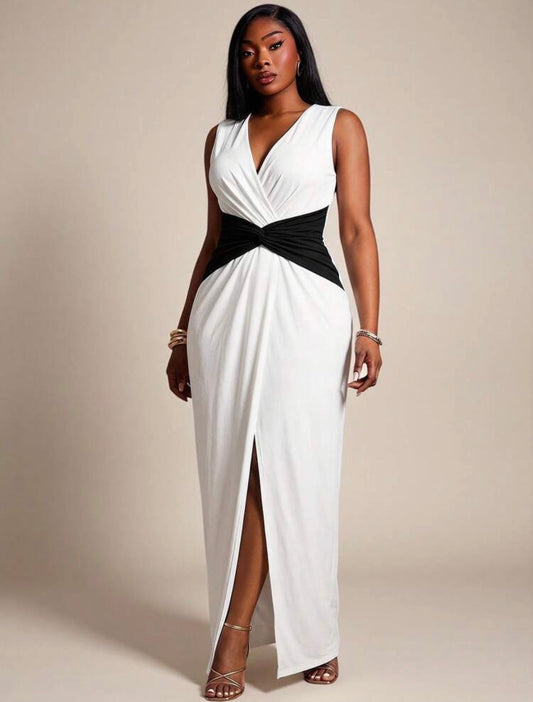 Radiana V-Neck Colorblock Pleated Slit Design Casual Elegant Party Cocktail Dress Black And White  - CHRISTIAN DELOS -