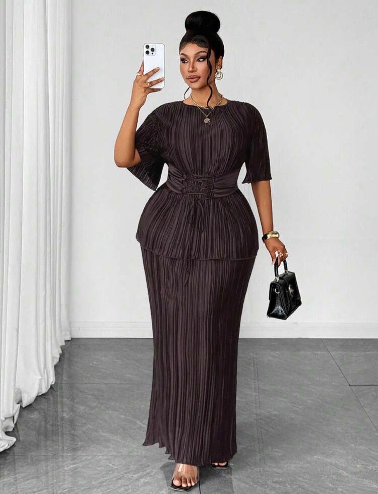 Plus Size Pleated Tie-Front Short Sleeve 2 Pieces Set @CHRISTIANDELOS