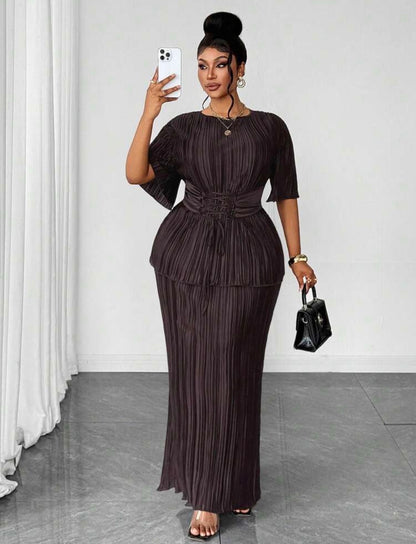 Plus Size Pleated Tie-Front Short Sleeve 2 Pieces Set @CHRISTIANDELOS