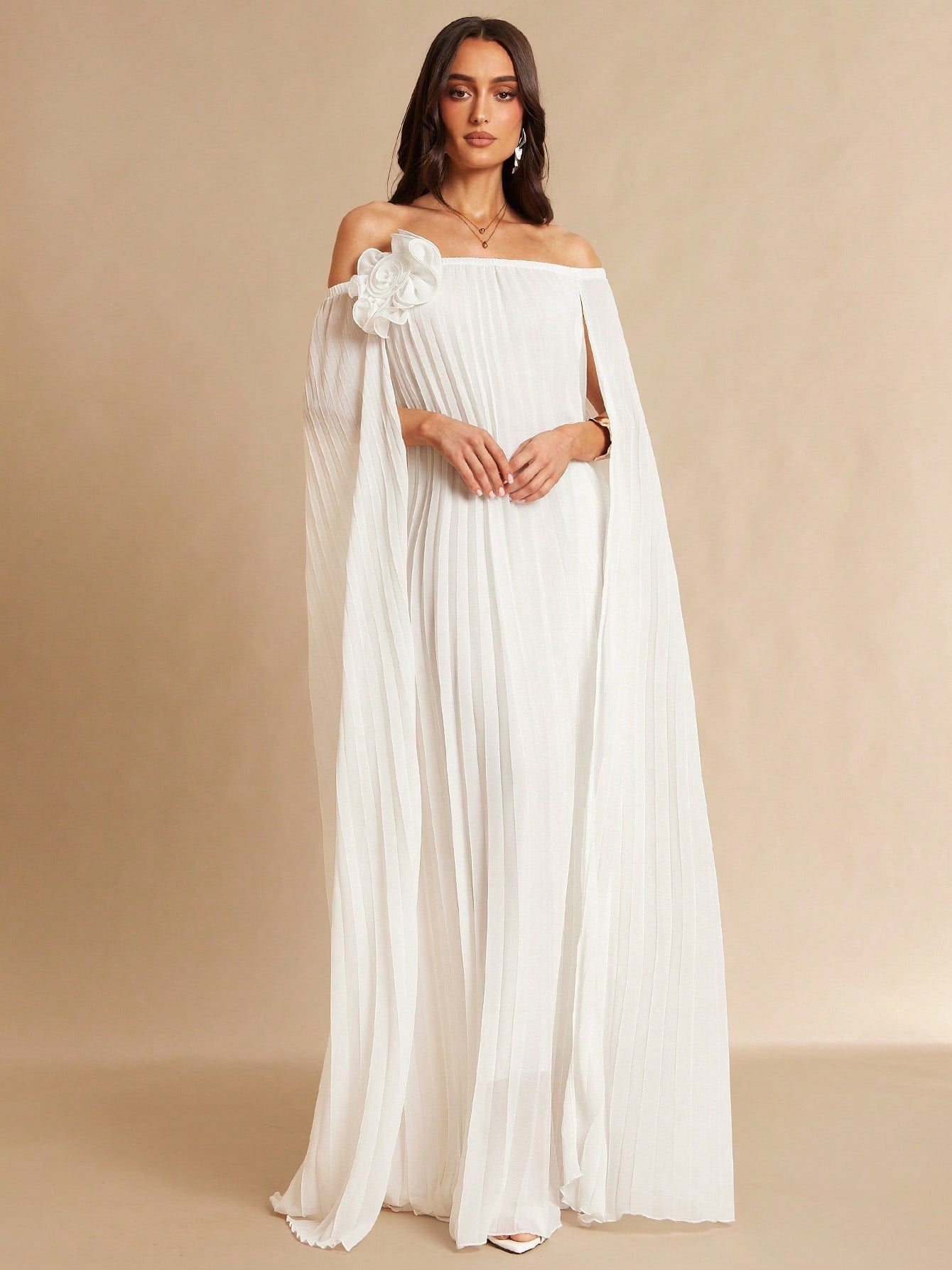 Silquee French Style White Elegant Dress For Women,Solid 3D Floral Appliqué Pleated Backless Evening Gown Classy @CHRISTIANDELOS