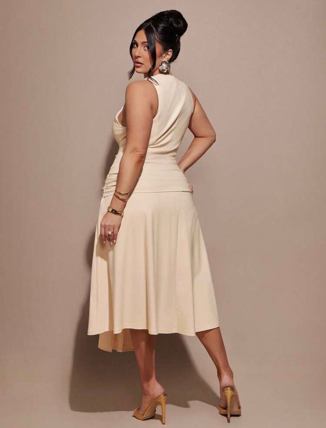 Beige Stunning Curve Cocktail Slit Silhouette Dress - CHRISTIANDELOS FASHION
