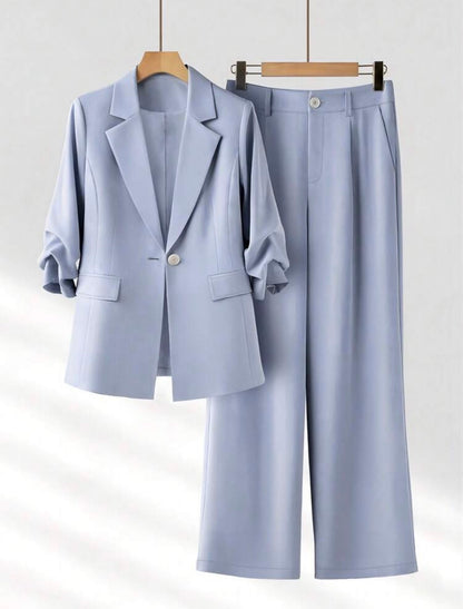 Commute Pleated Design 3/4 Sleeve Loose Single-Breasted One-Button Blazer With Real Pockets And Long Pants Set