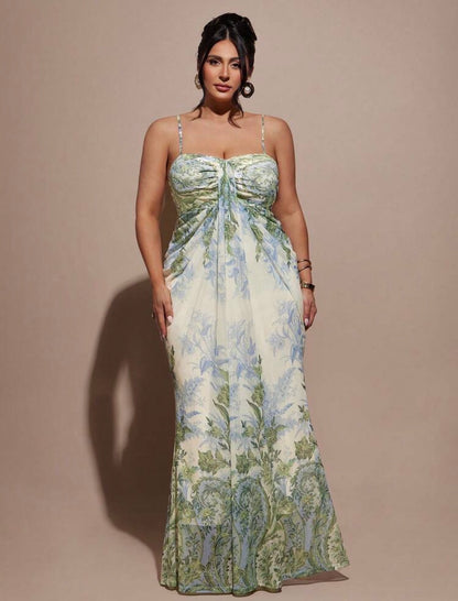 Green Floral Maxi Bodycon Dress, Elegant Dress For Vacation, Mesh Dress