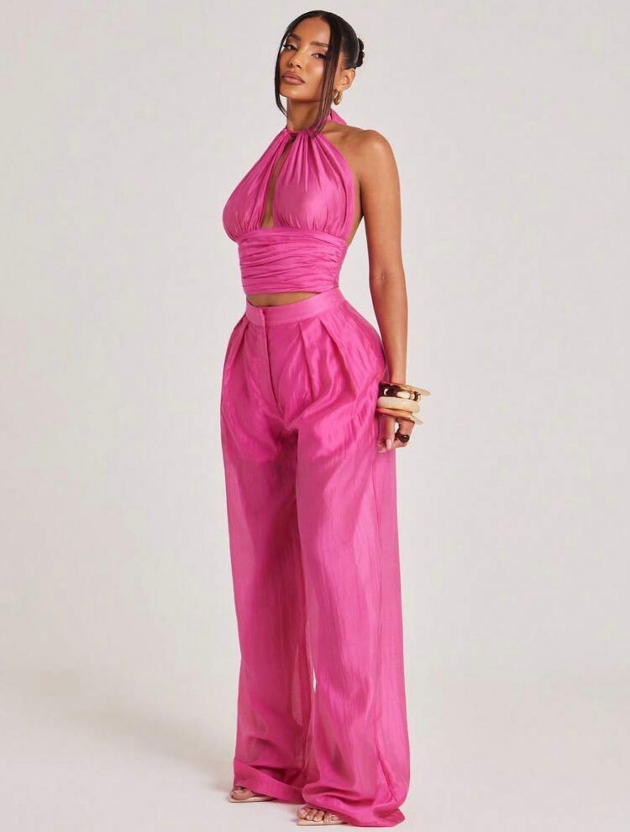 DEMURE Pants Sheer Trouser Lightweight Airy See Through Pink Pleated Brunch Trousers @CHRISTIANDELOS_