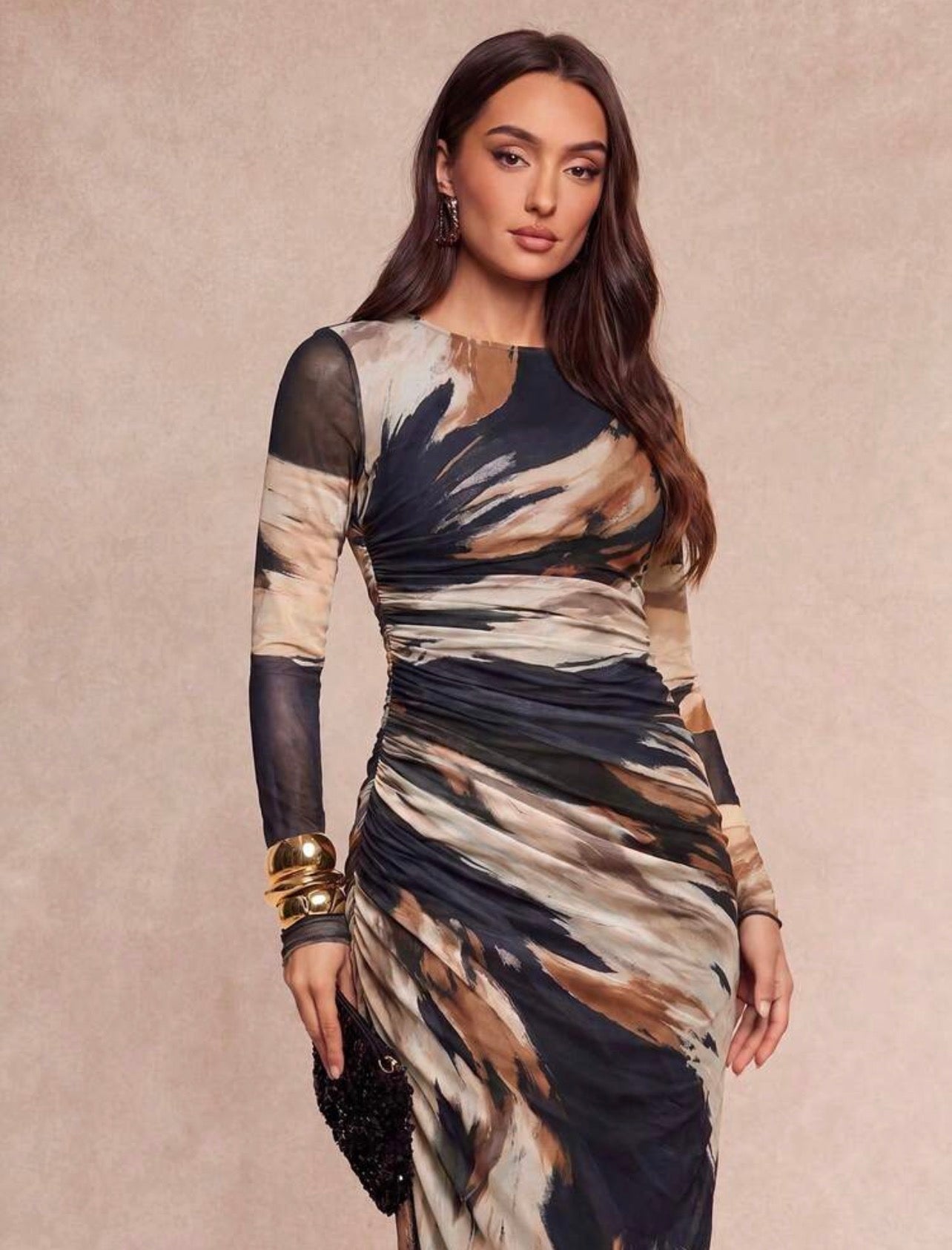 Silquee Ladies Brown Tie-Dye Printed Mesh Round Neck Long-Sleeved Dress Features A Fitted Waist With Ruching,Showcasing Feminine Charm. Elegant And Captivating @CHRISTIANDELOS