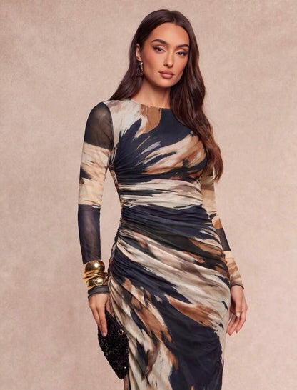 Silquee Ladies Brown Tie-Dye Printed Mesh Round Neck Long-Sleeved Dress Features A Fitted Waist With Ruching,Showcasing Feminine Charm. Elegant And Captivating @CHRISTIANDELOS