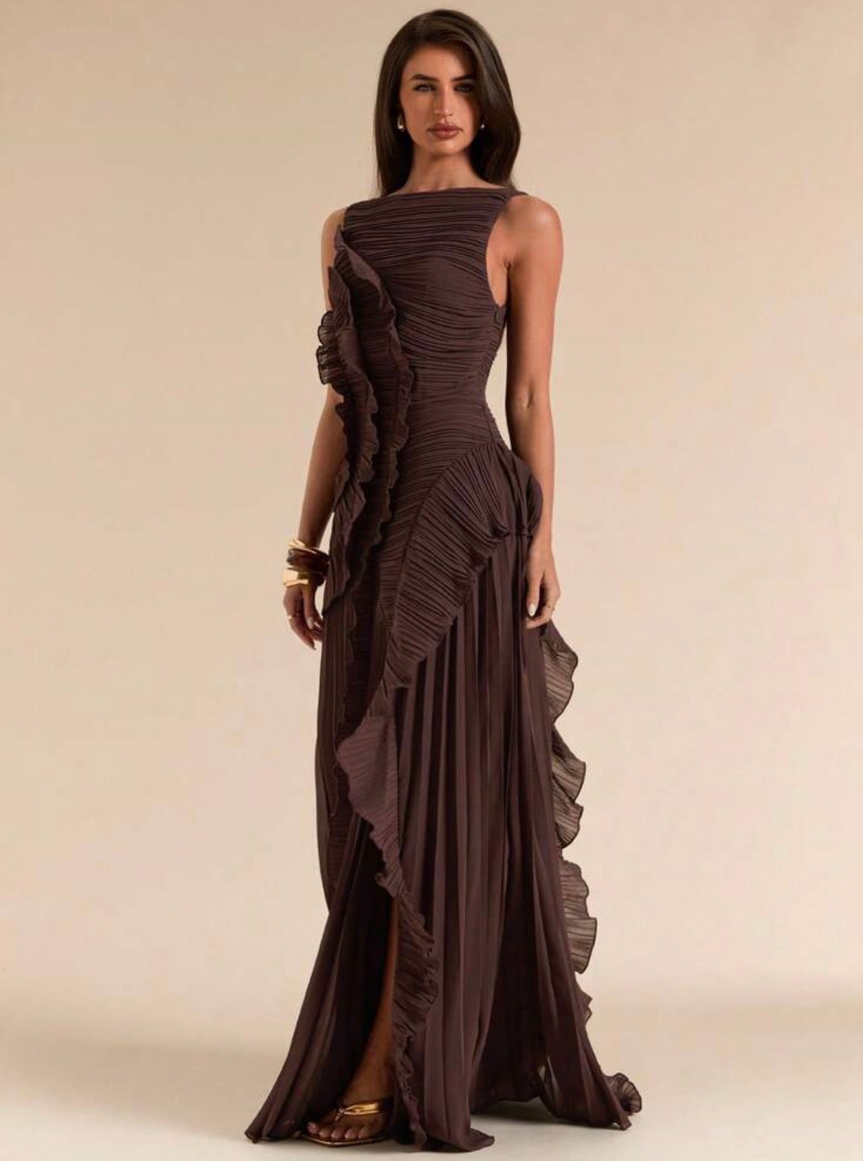 Sleeveless Backless Pleated Split High Slit Dress, Elegant with Tailored Details Design