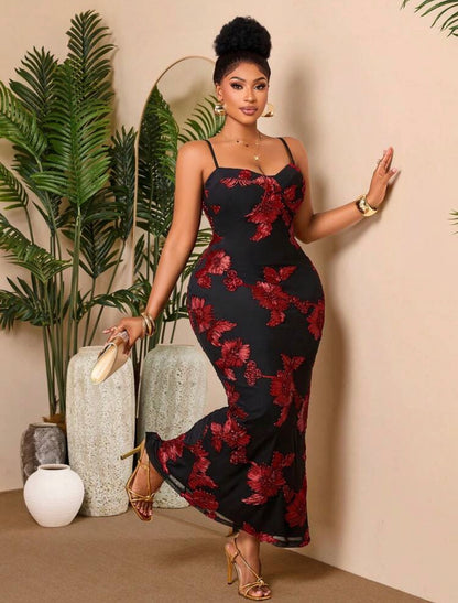 Elegant Black Spaghetti Strap Long Dress With Red Floral Embroidery And Backless Split