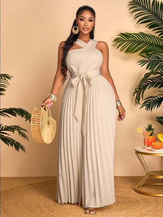 Slanted Shoulder Irregular Collar Double Breasted Pleated Loose Jumpsuit, Suitable For Fashionable Commuting Business, And Outdoor Wear @CHRISTIANDELOS