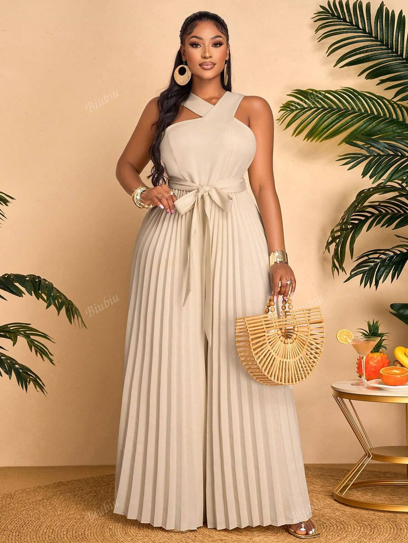 Slanted Shoulder Irregular Collar Double Breasted Pleated Loose Jumpsuit, Suitable For Fashionable Commuting Business, And Outdoor Wear @CHRISTIANDELOS
