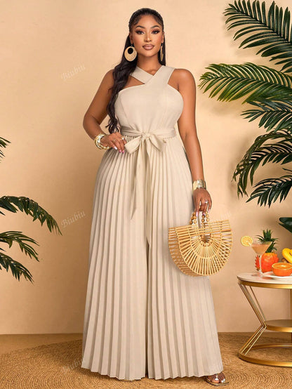Slanted Shoulder Irregular Collar Double Breasted Pleated Loose Jumpsuit, Suitable For Fashionable Commuting Business, And Outdoor Wear @CHRISTIANDELOS