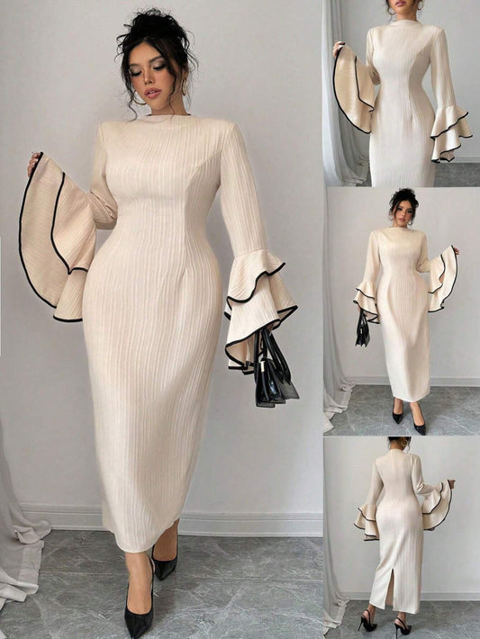 Women Elegant Round Neck Flare Sleeve Long Dress, Autumn Maxi Outfit