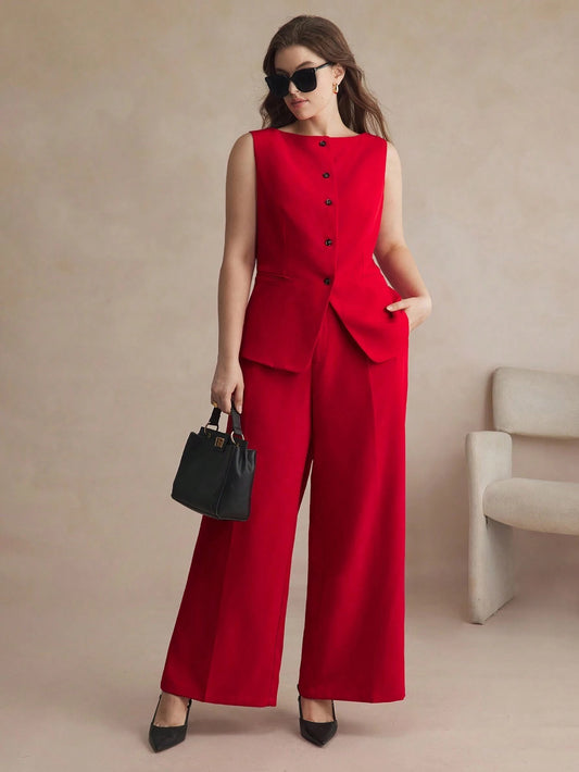 BIZwear Plus Size Solid Color Front Button Sleeveless Top And Pocketed Wide Leg Pants Elegant Suit Red Outfit Sets